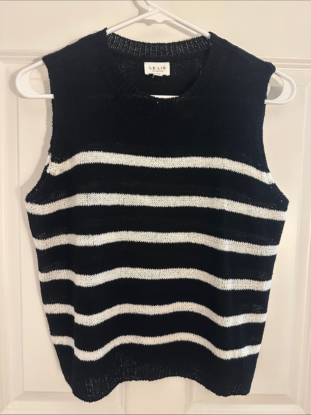 Le Lis Black and White Striped Crewneck Sleeveless Knit